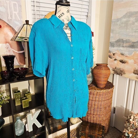 Vtg Melrose Rayon Blend Teal Ribbed Button Front Casual Blouse. - Picture 9 of 13